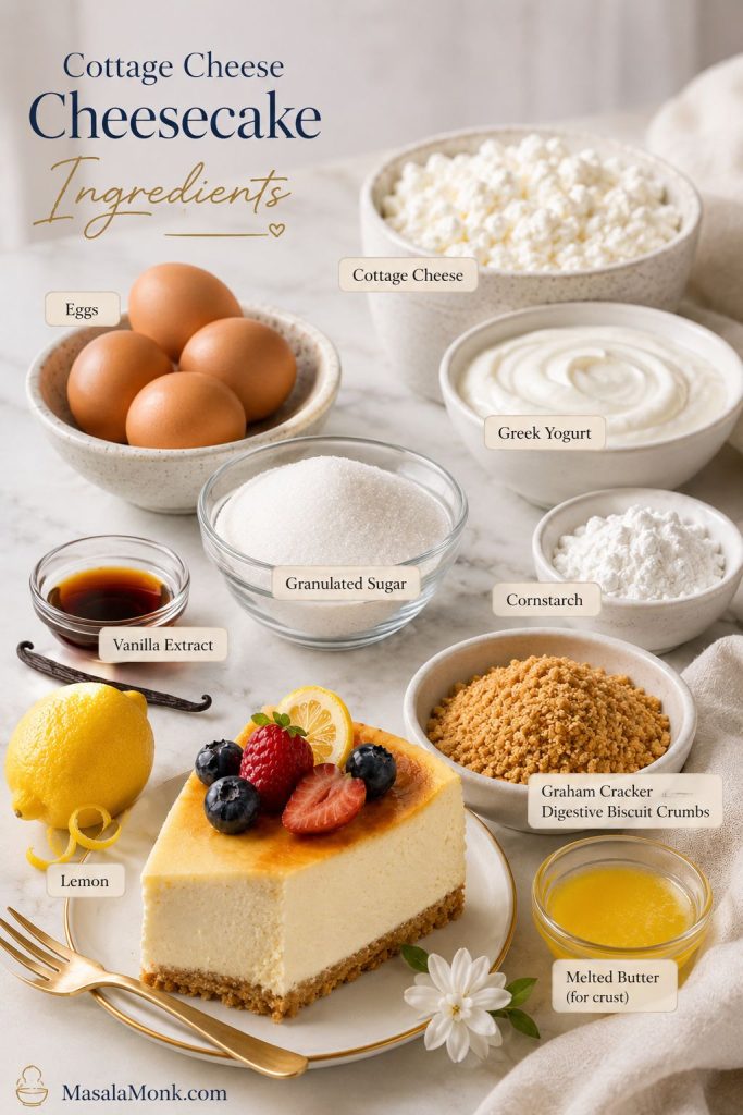 Cottage cheese cheesecake ingredients including cottage cheese, Greek yogurt, eggs, lemon, vanilla, cornstarch, and crumb crust