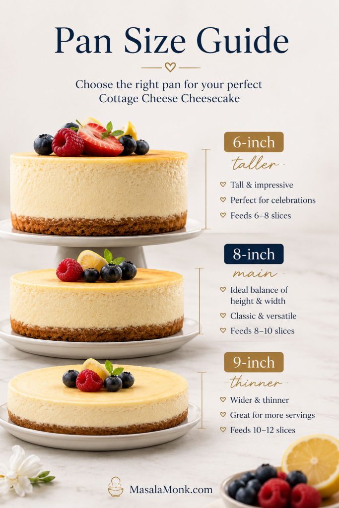 Pan size guide comparing six-inch, eight-inch, and nine-inch cottage cheese cheesecakes with different heights