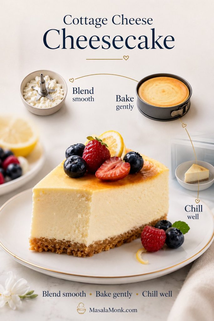 Cottage cheese cheesecake quick answer visual showing the blend, bake, and chill method