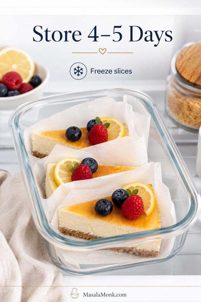 Cottage cheese cheesecake slices stored in a glass container with parchment for refrigeration or freezing