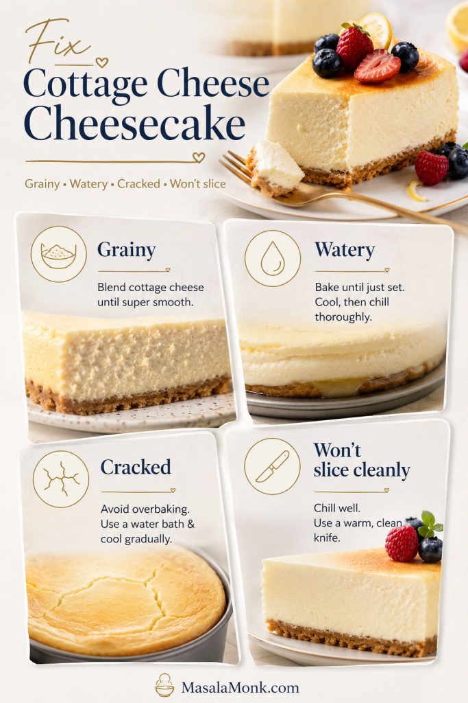 Troubleshooting guide for cottage cheese cheesecake showing grainy, watery, cracked, and hard-to-slice problems