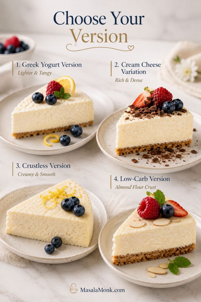 Four cottage cheese cheesecake versions showing Greek yogurt, cream cheese, crustless, and low-carb slices