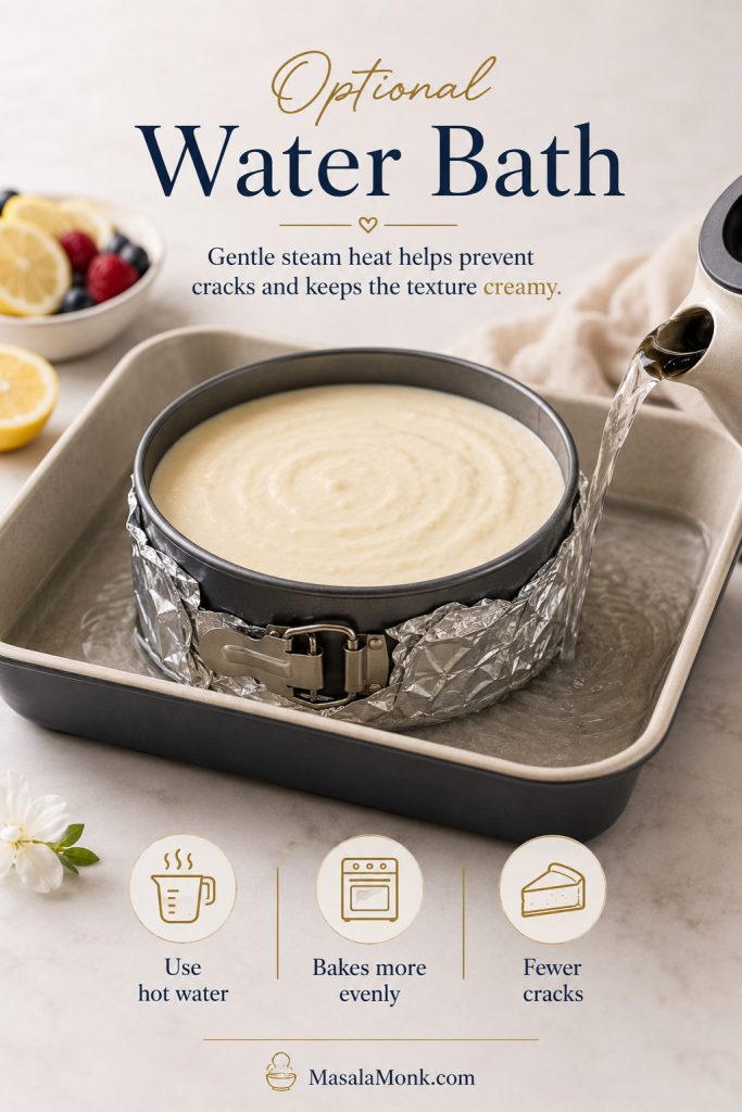Wrapped springform pan sitting in a roasting pan with hot water for an optional cheesecake water bath