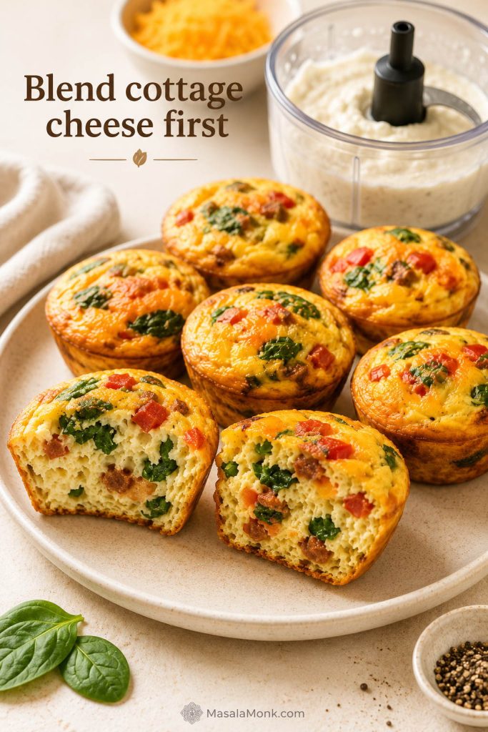 Cottage cheese egg muffins with a soft interior and blended cottage cheese in the egg base.
