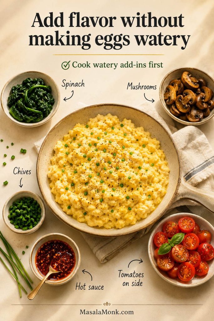 Add-ins for cottage cheese scrambled eggs including cooked spinach, mushrooms, chives, tomatoes, and hot sauce.