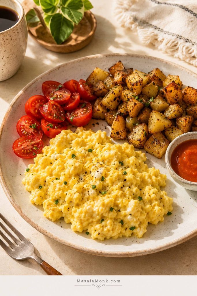 Cottage cheese scrambled eggs served with crispy potatoes, fresh tomatoes, and hot sauce.