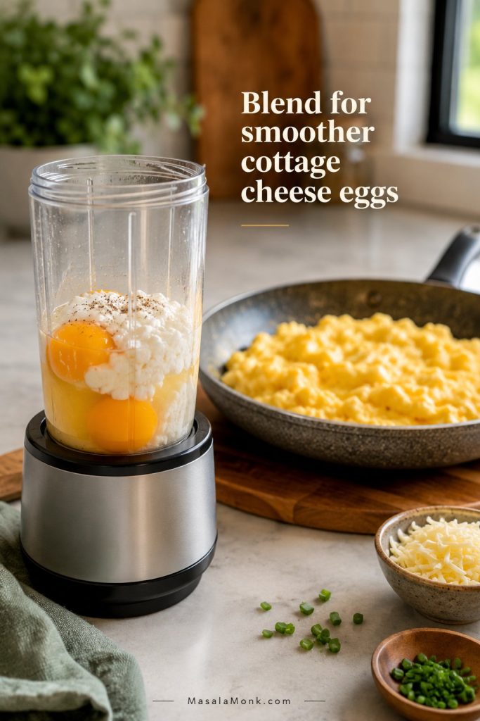 Cottage cheese and eggs being blended with soft scrambled eggs in a skillet for breakfast burritos.