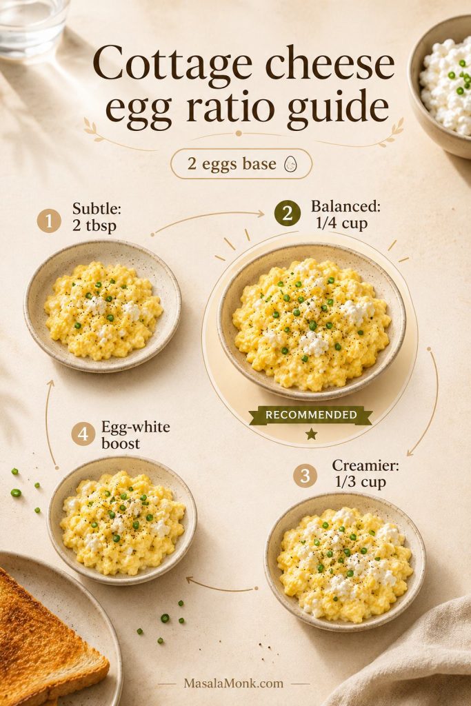 Cottage cheese scrambled eggs ratio guide showing subtle, balanced, extra creamy, and egg-white boosted versions.
