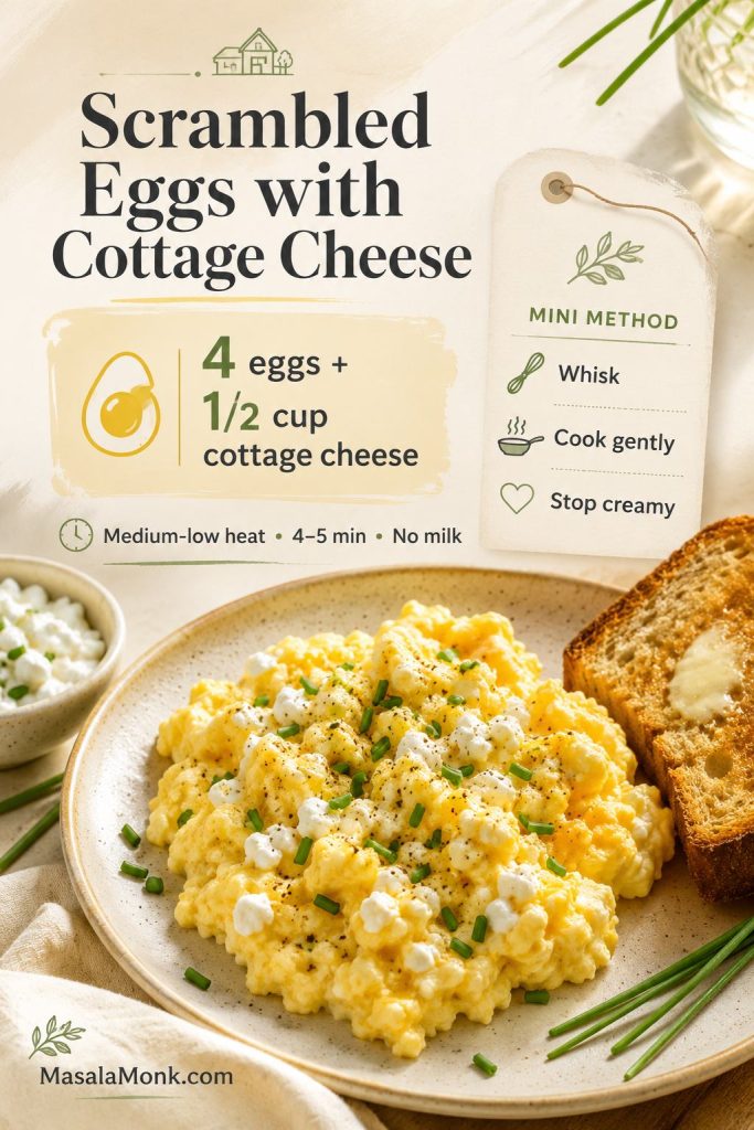 Saveable recipe card for scrambled eggs with cottage cheese showing the main ratio, cooking time, and method notes.