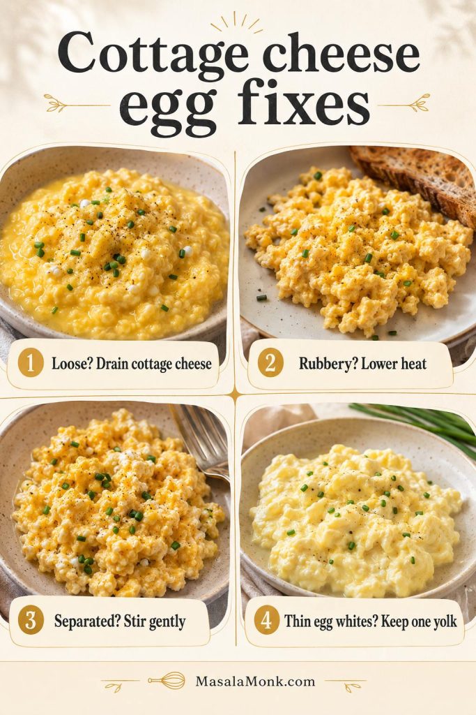 Diagnostic guide showing fixes for loose, rubbery, separated, and thin egg-white cottage cheese eggs.