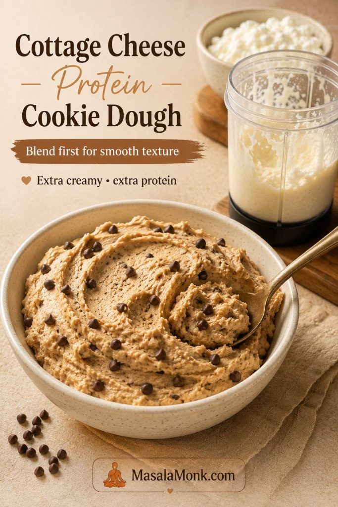 Cottage cheese protein cookie dough showing blended cottage cheese, finished dough, and the smooth texture after blending