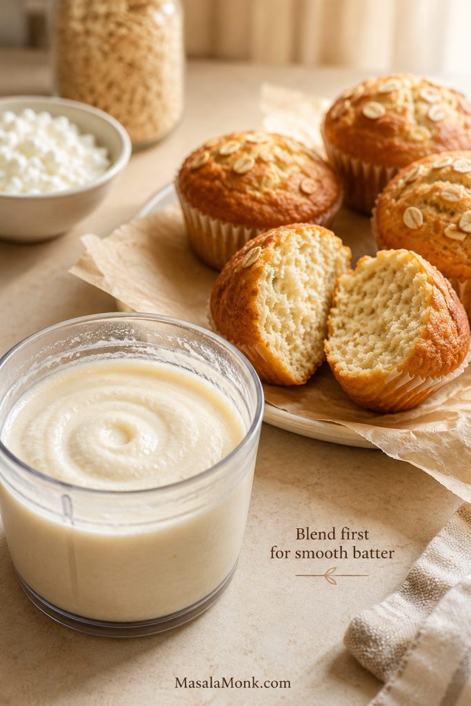 Cottage cheese protein muffins with blended cottage cheese and a split muffin showing a smooth tender crumb.