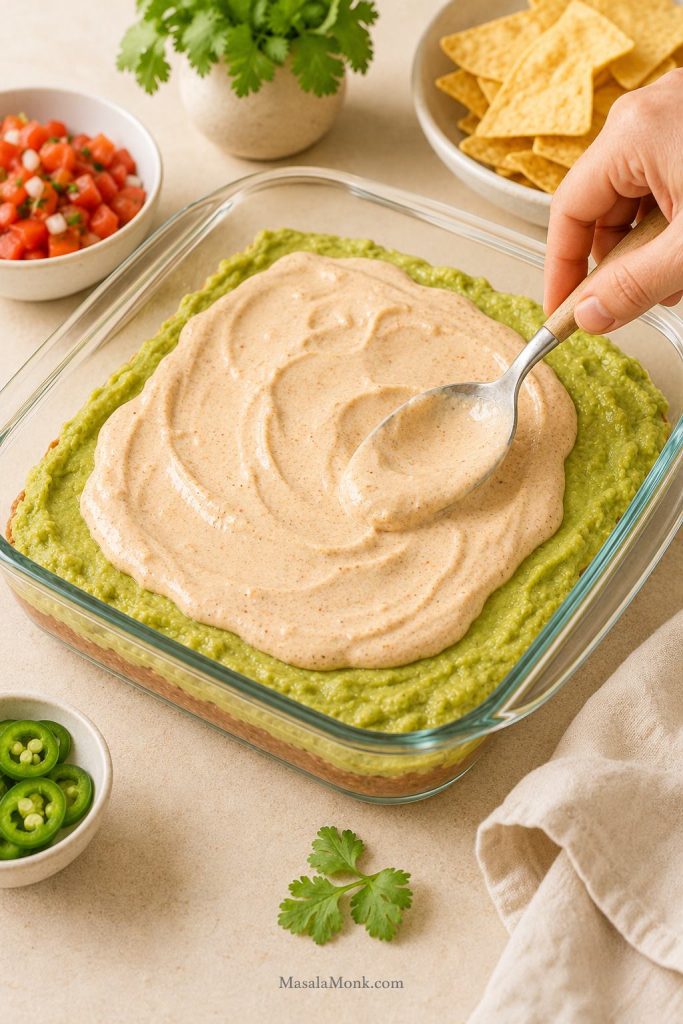 Taco-seasoned sour cream being spread over the avocado layer in a glass dish to cover the green layer.