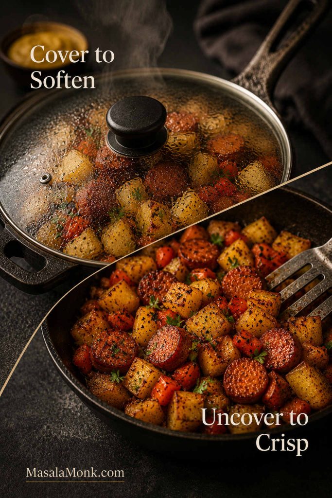 Split cooking image showing potatoes covered to soften and uncovered to crisp.
