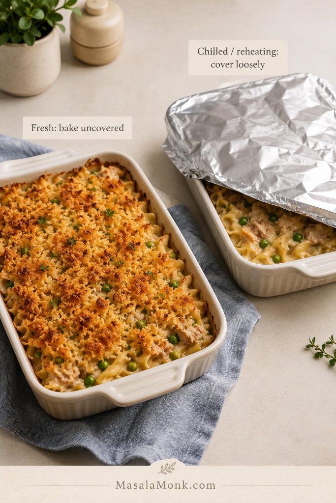 Covered and uncovered tuna noodle casserole dishes showing when to bake uncovered or cover loosely with foil.
