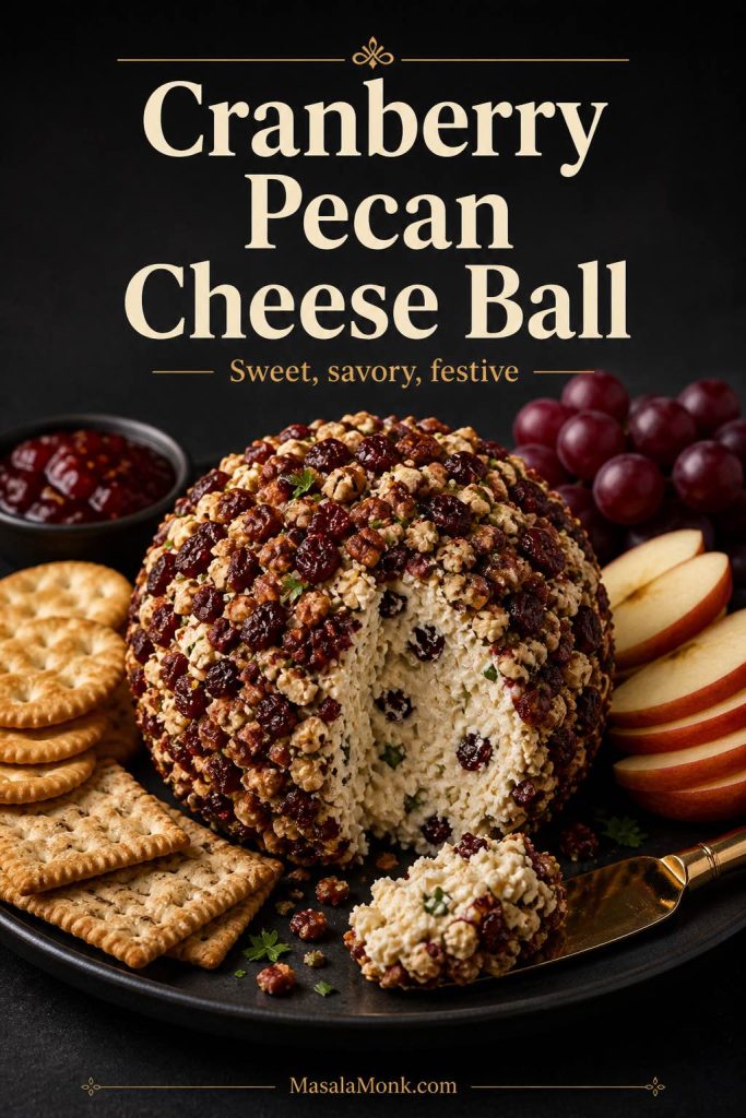 Cranberry pecan cheese ball with a creamy center, coated in chopped pecans, dried cranberries, and herbs, served with crackers, apple slices, grapes, and a small bowl of red chutney.