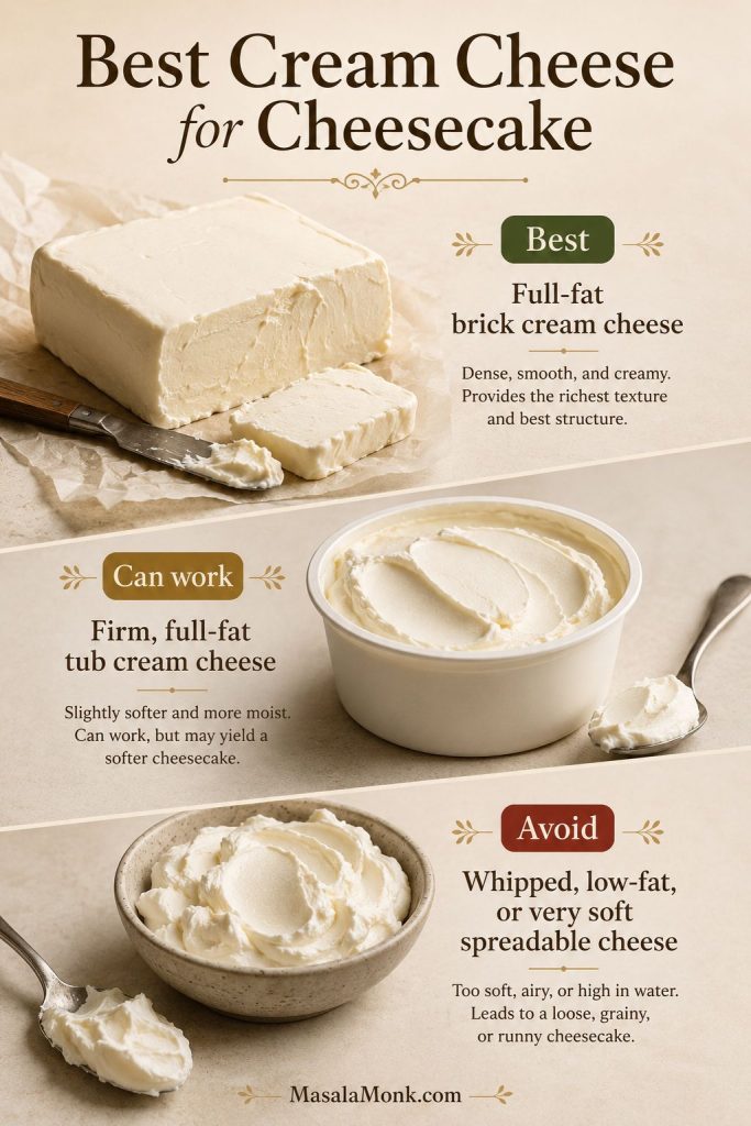 Cream cheese comparison showing full-fat brick cream cheese, firm tub cream cheese, and whipped or low-fat cream cheese to avoid.