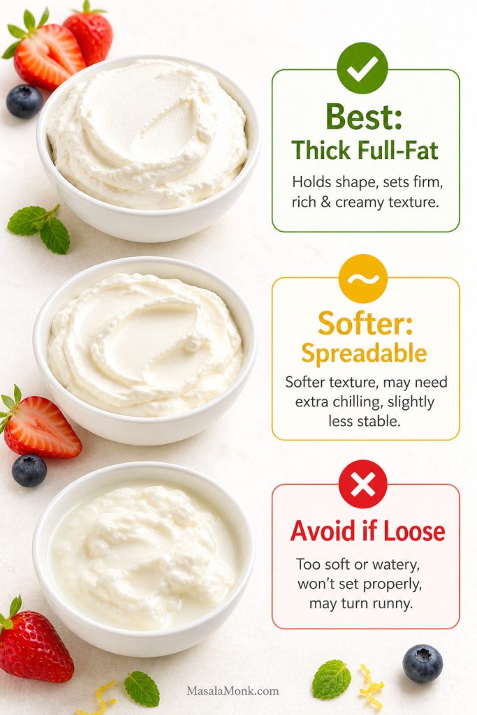 Cream cheese comparison showing thick full-fat cream cheese, softer spreadable cream cheese, and loose cream cheese