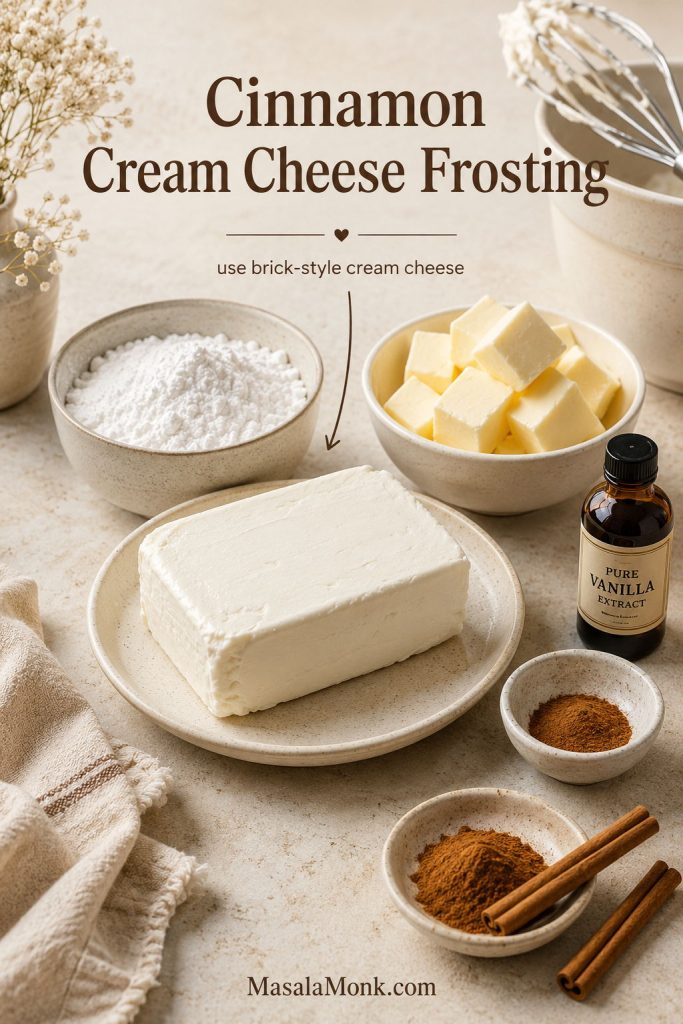 Cream cheese frosting ingredients for applesauce cake, including brick-style cream cheese, butter, powdered sugar, vanilla, and cinnamon.