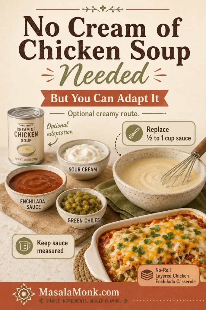 Cream of chicken soup adaptation board with condensed soup, sour cream, enchilada sauce, green chiles, creamy sauce, and a no-roll layered casserole.