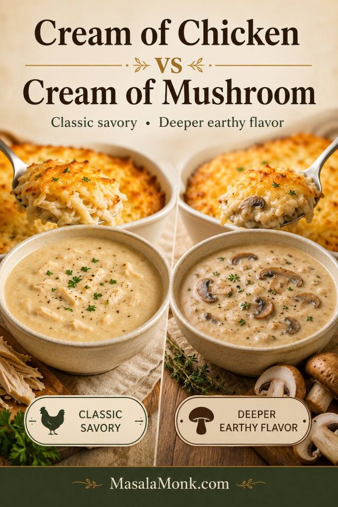 Comparison of cream of chicken soup and cream of mushroom soup for hashbrown casserole.