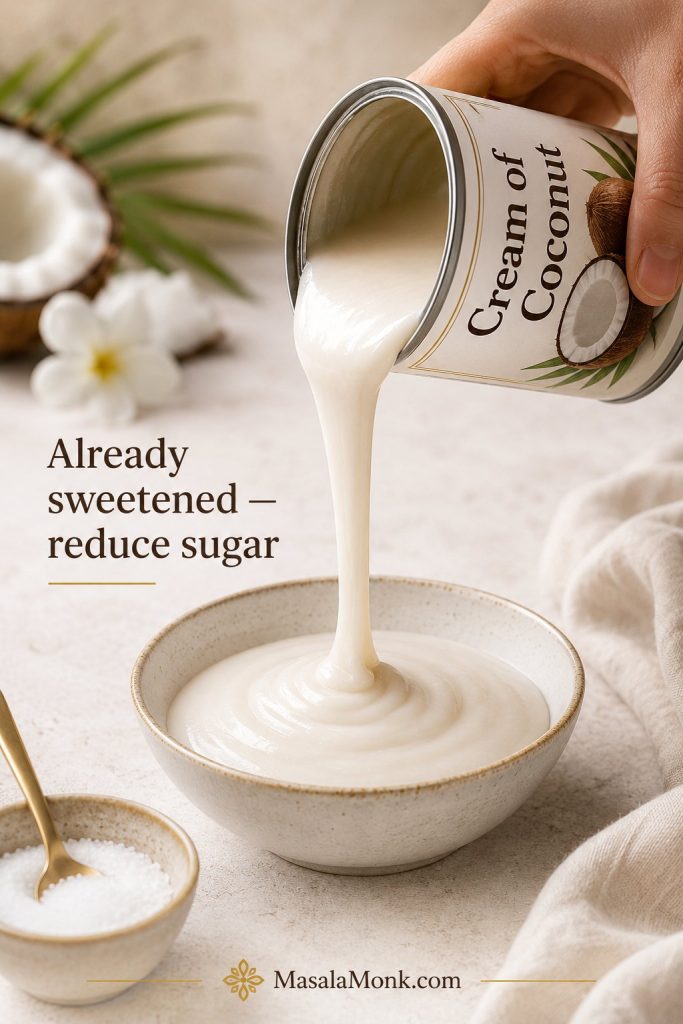 Thick cream of coconut being poured into a bowl with a sugar bowl set aside nearby.