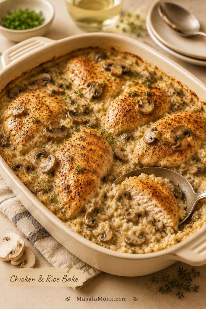 Cream of mushroom chicken and rice casserole in a baking dish with tender rice, mushrooms, creamy sauce, and a serving spoon.