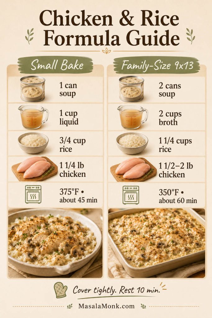 Formula guide for small and family-size cream of mushroom chicken and rice bakes with soup, liquid, rice, chicken, oven temperature, and time.