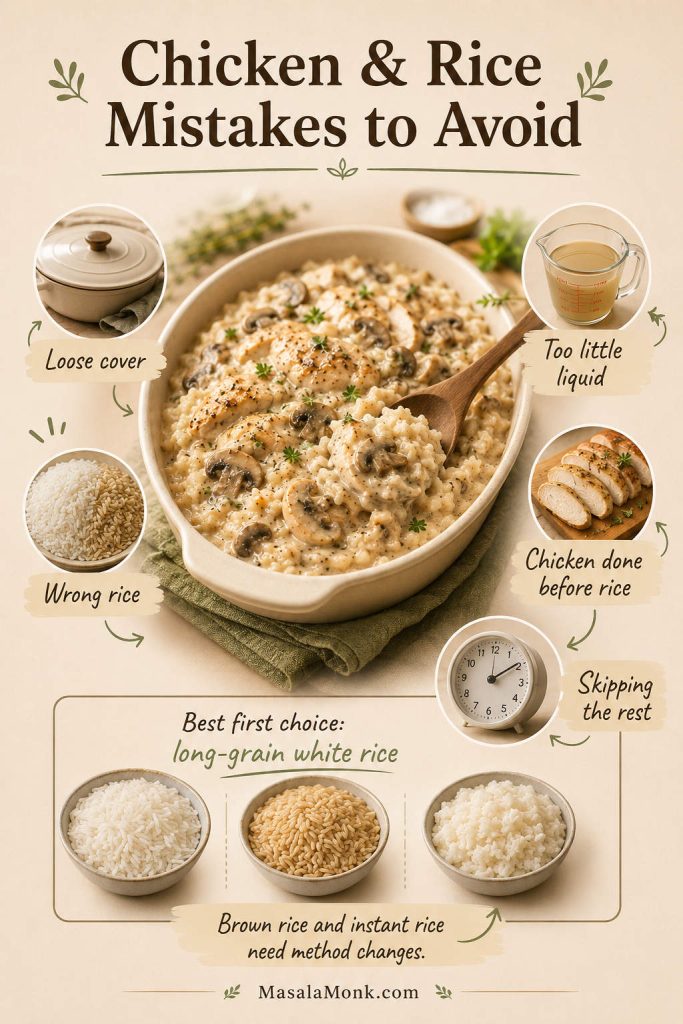 Chicken and rice mistakes guide showing loose cover, wrong rice, too little liquid, chicken done before rice, skipped resting time, and rice choices.