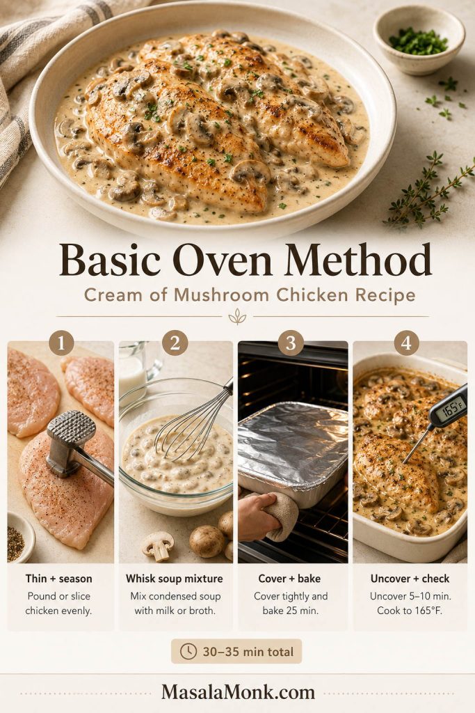 Four-step oven method for cream of mushroom chicken showing thin chicken, soup mixture, covered baking, and temperature check.