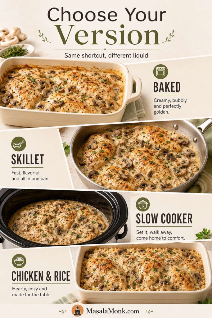 Guide comparing baked, skillet, slow cooker, and chicken and rice versions of cream of mushroom chicken.