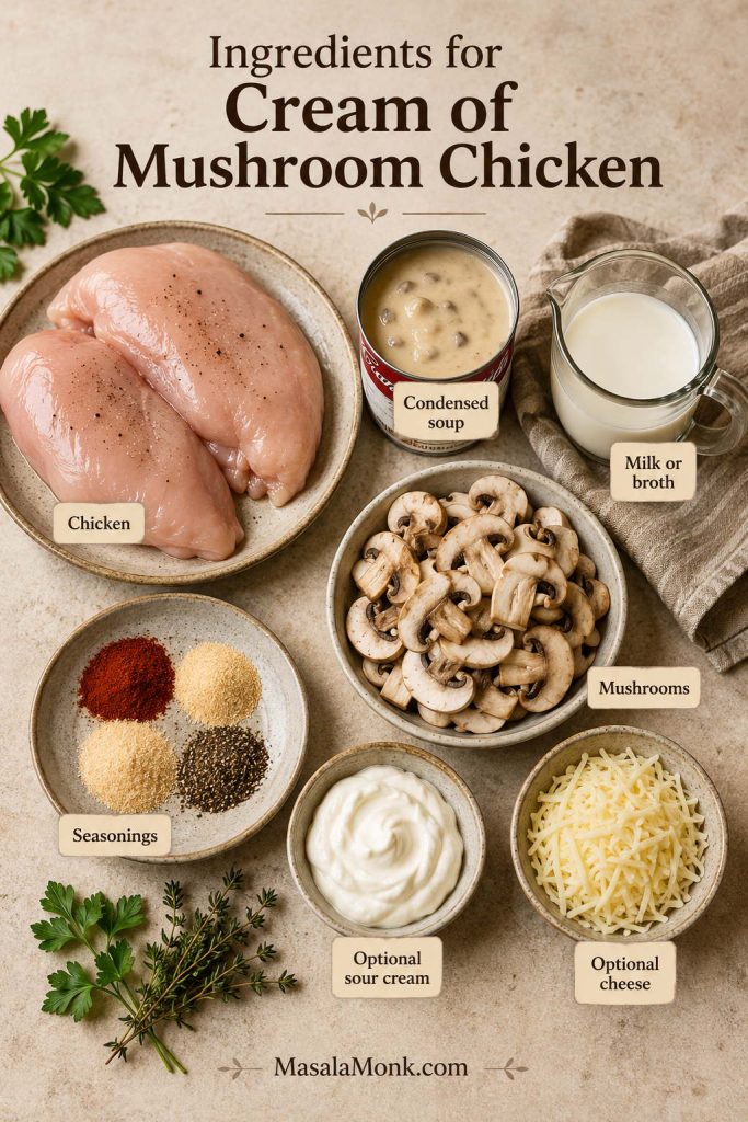 Ingredients for cream of mushroom chicken including chicken, condensed mushroom soup, milk or broth, mushrooms, seasonings, sour cream, and cheese.