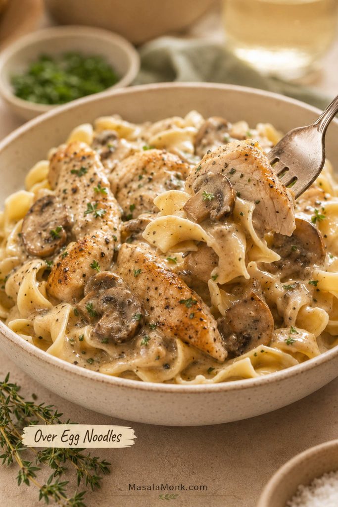 Cream of mushroom chicken served over broad egg noodles with creamy mushroom sauce, chicken pieces, herbs, and a fork lifting a bite.