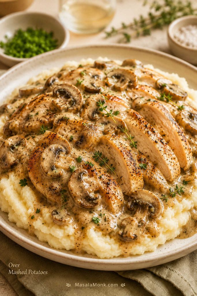 Sliced cream of mushroom chicken served over mashed potatoes with mushrooms, creamy sauce, black pepper, and herbs.
