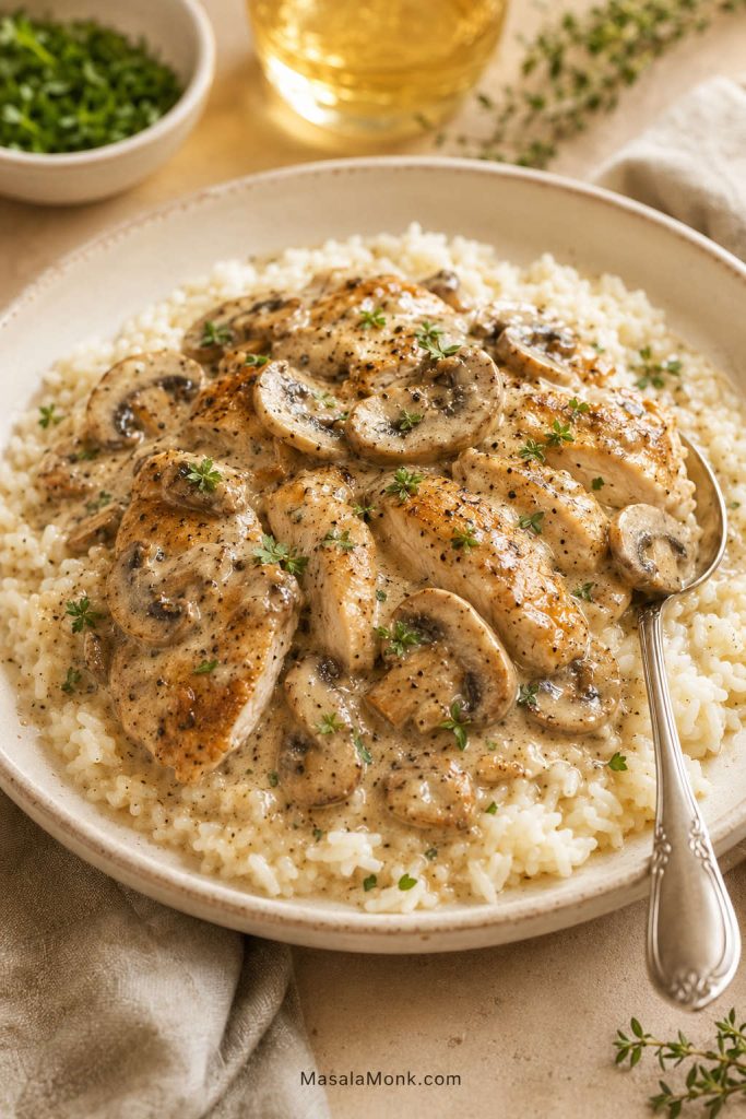 Cream of mushroom chicken served over fluffy white rice with sliced mushrooms, creamy sauce, black pepper, and herbs.