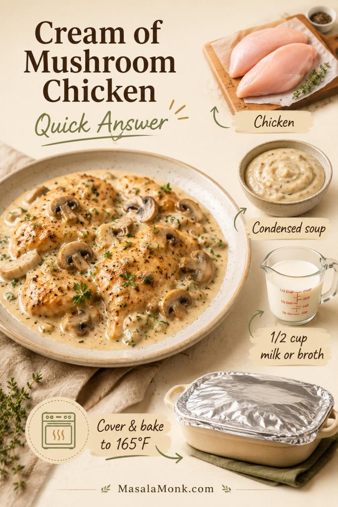 Quick answer board showing cream of mushroom chicken, chicken pieces, condensed soup, milk or broth, and covered baking instructions.