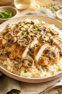 Cream of mushroom chicken served over mashed potatoes with sliced mushrooms, creamy sauce, black pepper, and fresh herbs.