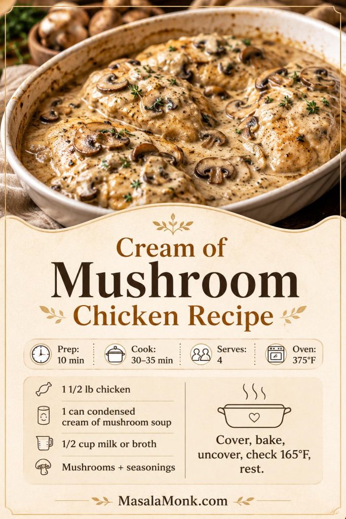 Recipe card for cream of mushroom chicken with prep time, cook time, oven temperature, chicken, condensed soup, milk or broth, and method notes.