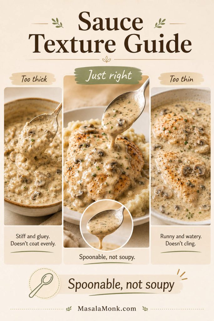 Sauce texture guide for cream of mushroom chicken showing too thick, just right, and too thin sauces.