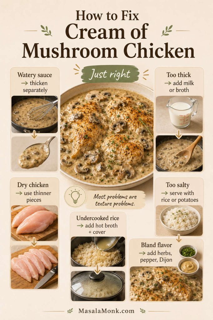 Troubleshooting guide for cream of mushroom chicken showing fixes for watery sauce, thick sauce, salty sauce, dry chicken, undercooked rice, and bland flavor.