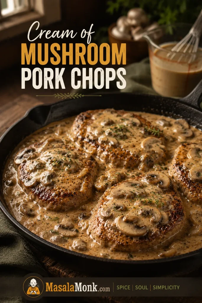 Pork chops in a creamy mushroom gravy with visible mushrooms and a thick beige sauce.