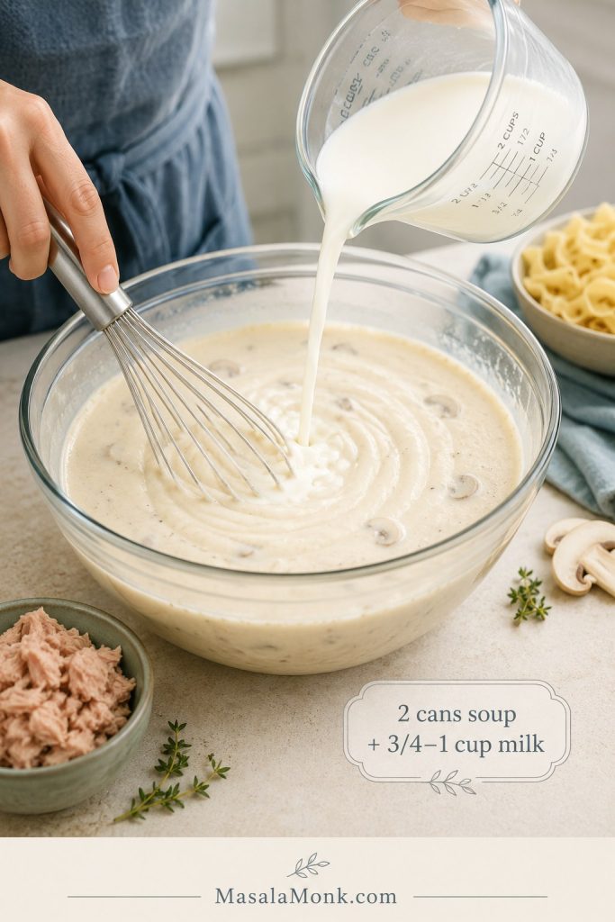 Cream of mushroom soup being whisked with milk to make a smooth sauce for tuna noodle casserole.