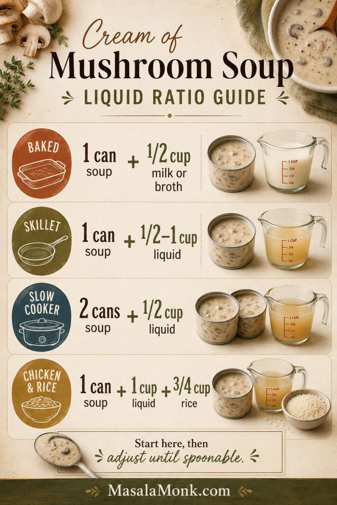 Liquid ratio guide for baked, skillet, slow cooker, and chicken and rice cream of mushroom chicken recipes.
