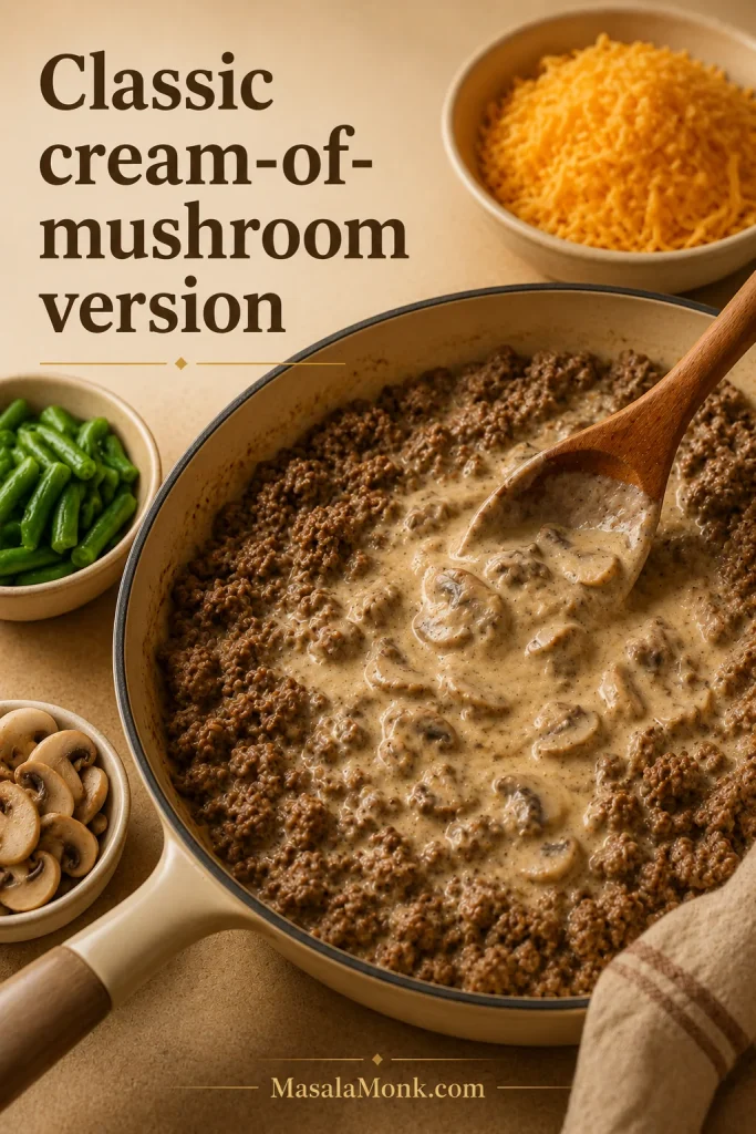 Cream of mushroom soup stirred into seasoned ground beef filling for classic tater tot casserole