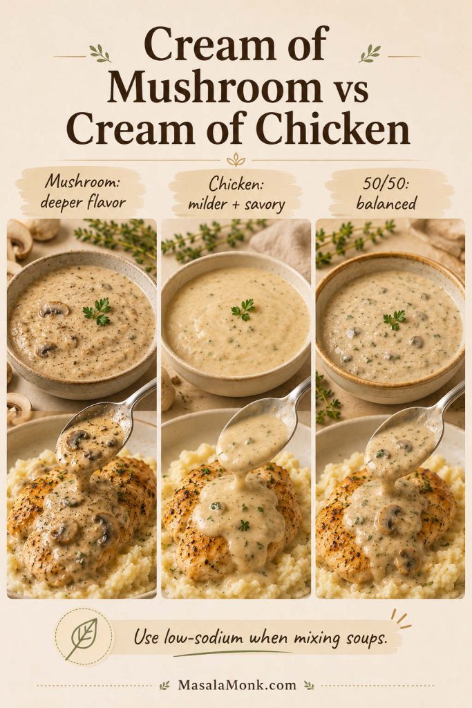 Comparison of cream of mushroom soup, cream of chicken soup, and a 50 50 blend spooned over chicken.