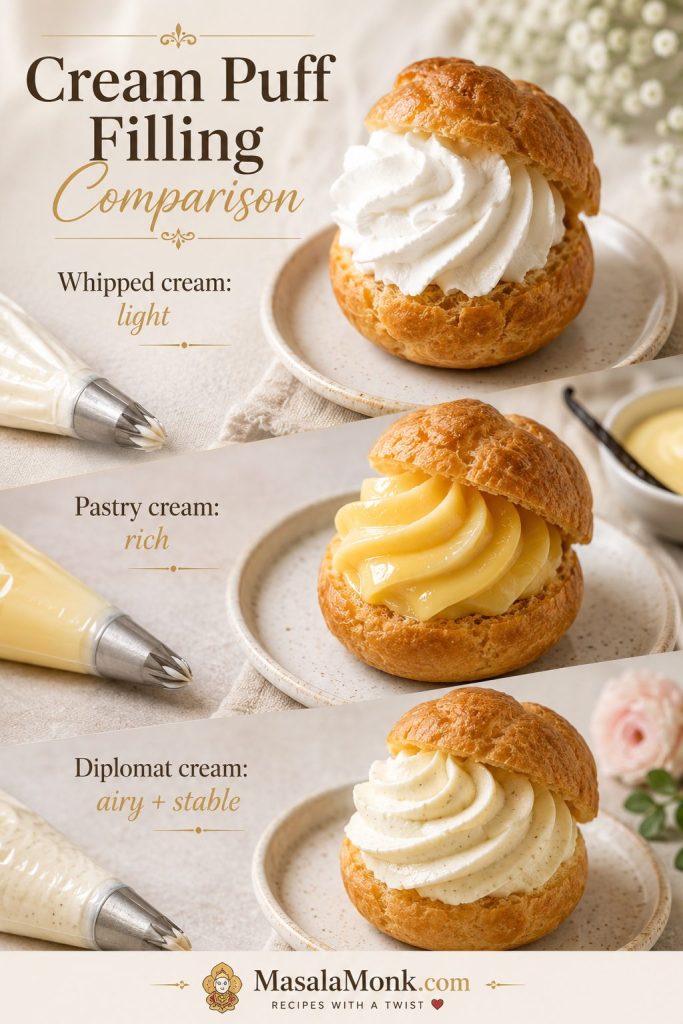 Whipped cream, pastry cream, and diplomat cream shown as different cream puff filling textures.