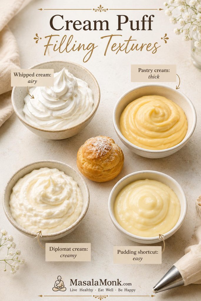 Cream puff filling texture guide with whipped cream, pastry cream, diplomat cream, and pudding shortcut.