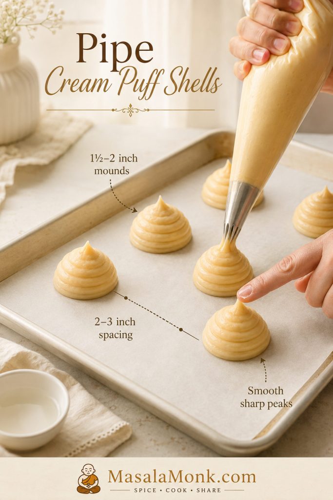 Piping cream puff shells on parchment with spacing marks and a fingertip smoothing a sharp peak.