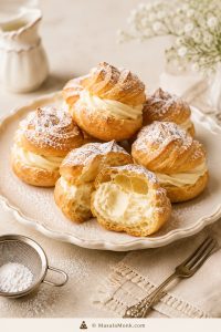 Golden cream puffs filled with vanilla cream and dusted with powdered sugar on an ivory plate.