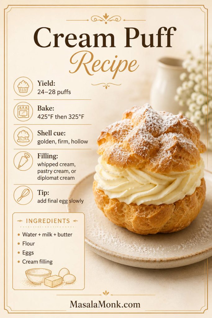 Cream puff recipe card with yield, baking temperatures, shell cues, filling options, and key ingredients beside a filled cream puff.